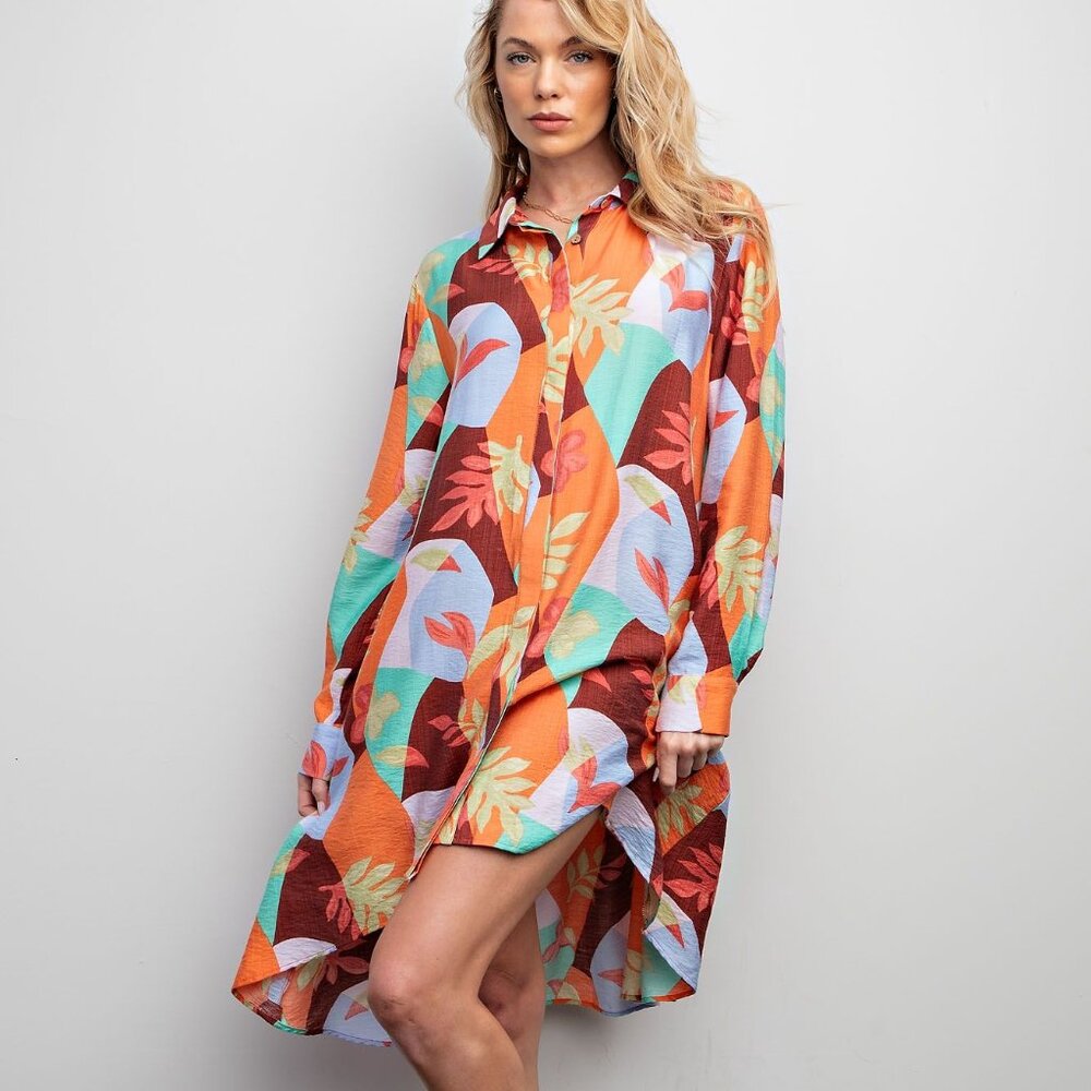 ⭐P9-0329Retro 70s High Low Mosaic Shirt Dress *Boutique* - Picture 2 of 6